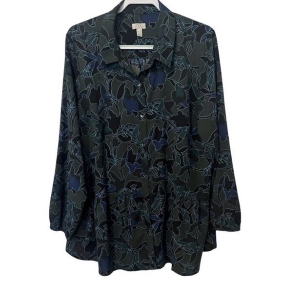 LOGO S Green Blue Black Floral Button Front Tiered Hem Long Sleeve Tunic Top - Picture 5 of 13